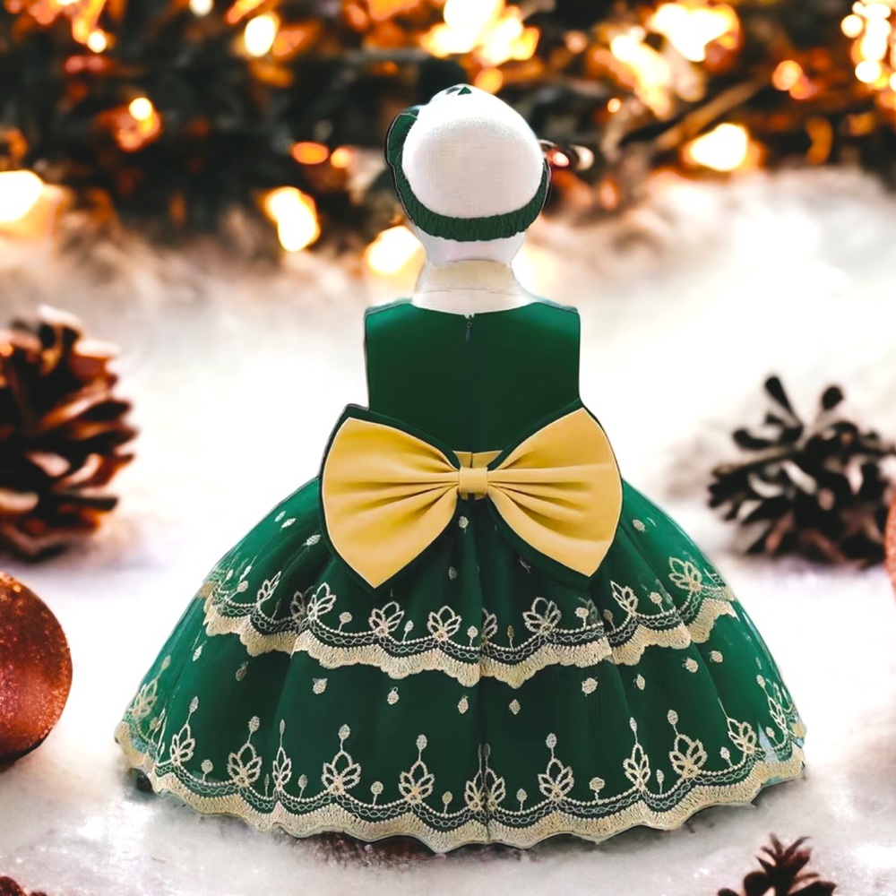 Green and gold holiday dress. Great for birthdays during holiday season. - Picture 2 of 4